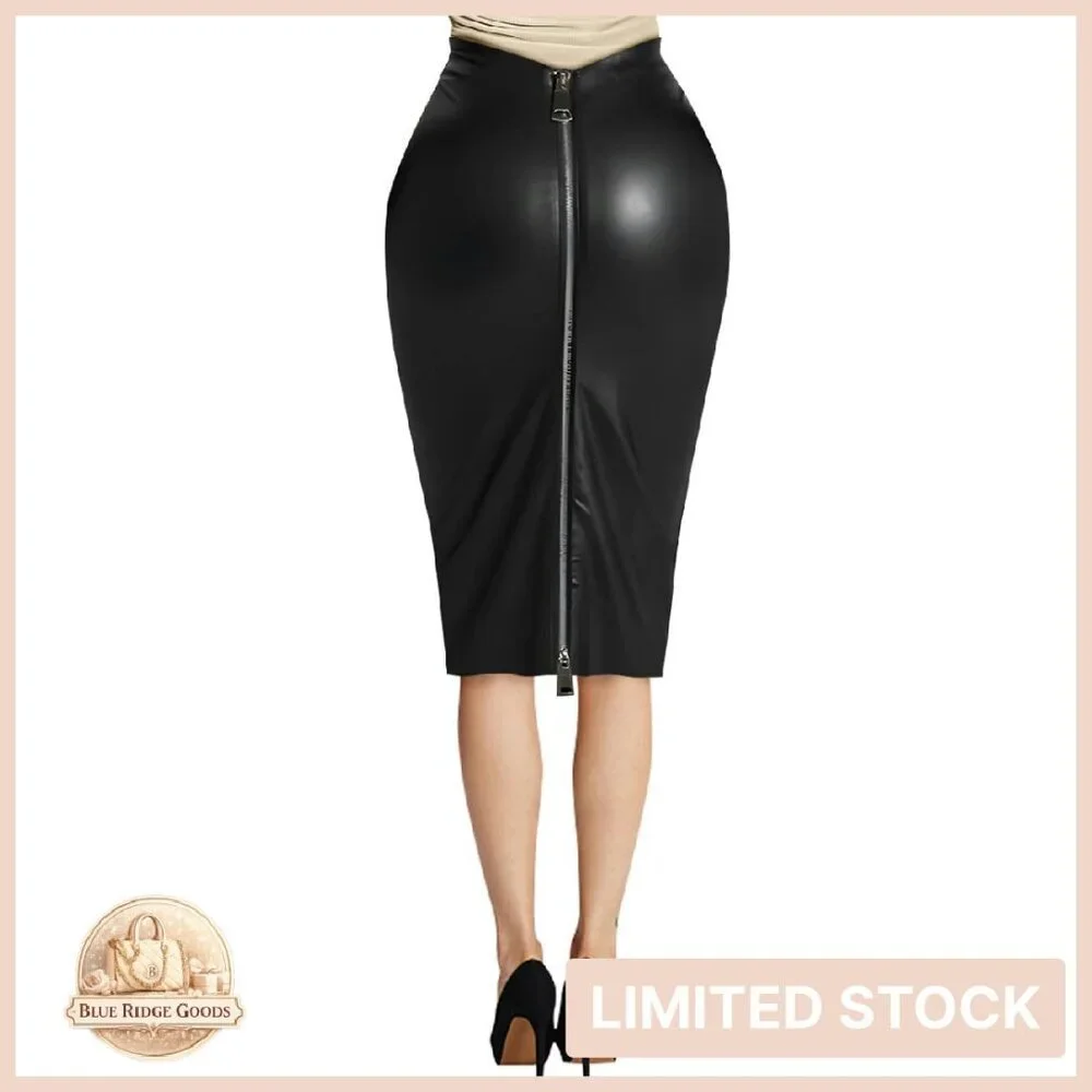 Faux Leather Pencil Skirt High Waist Midi Chic Elegant Work Wear